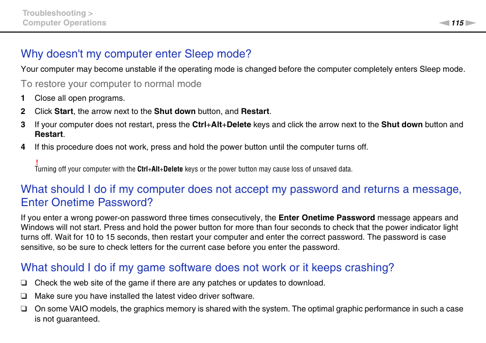 Why doesn't my computer enter sleep mode | Sony VAIO VPCJ11 User Manual | Page 115 / 152