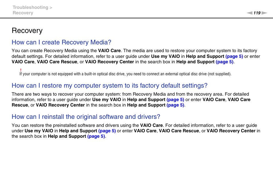 Recovery, How can i create recovery media | Sony VAIO VPCJ11 User Manual | Page 119 / 152