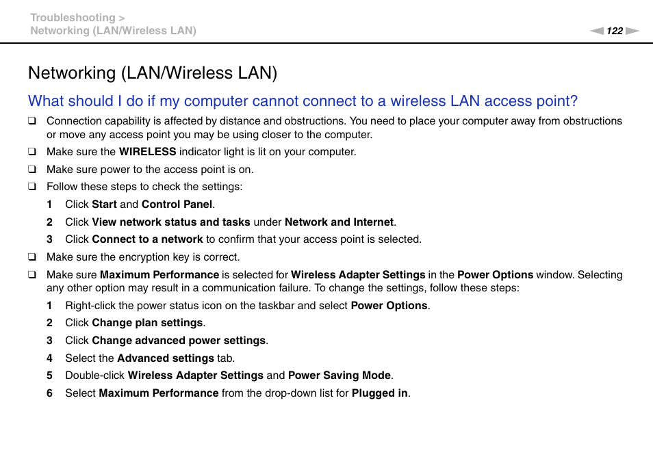 Networking (lan/wireless lan), Lan) | Sony VAIO VPCJ11 User Manual | Page 122 / 152