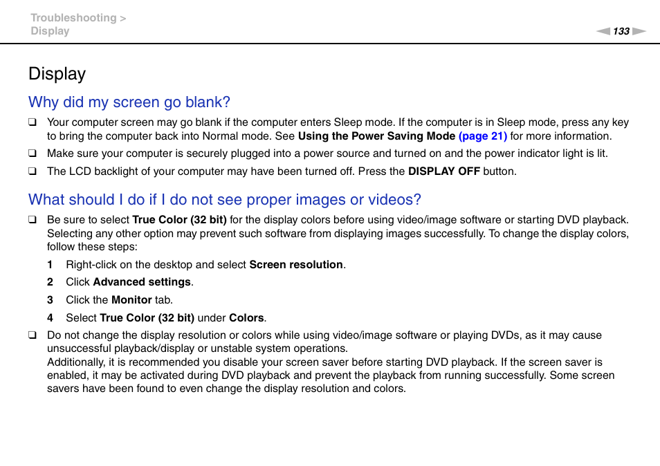 Display, Why did my screen go blank | Sony VAIO VPCJ11 User Manual | Page 133 / 152