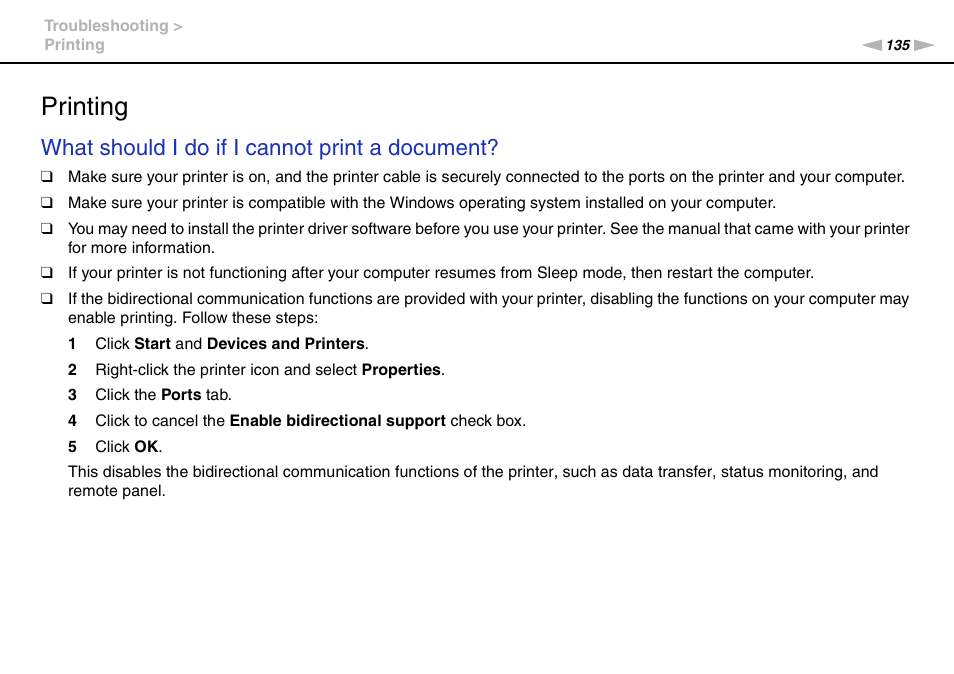 Printing, Inting, What should i do if i cannot print a document | Sony VAIO VPCJ11 User Manual | Page 135 / 152