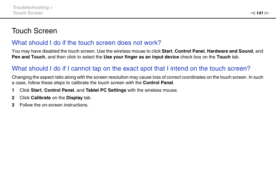 Touch screen, What should i do if the touch screen does not work | Sony VAIO VPCJ11 User Manual | Page 141 / 152