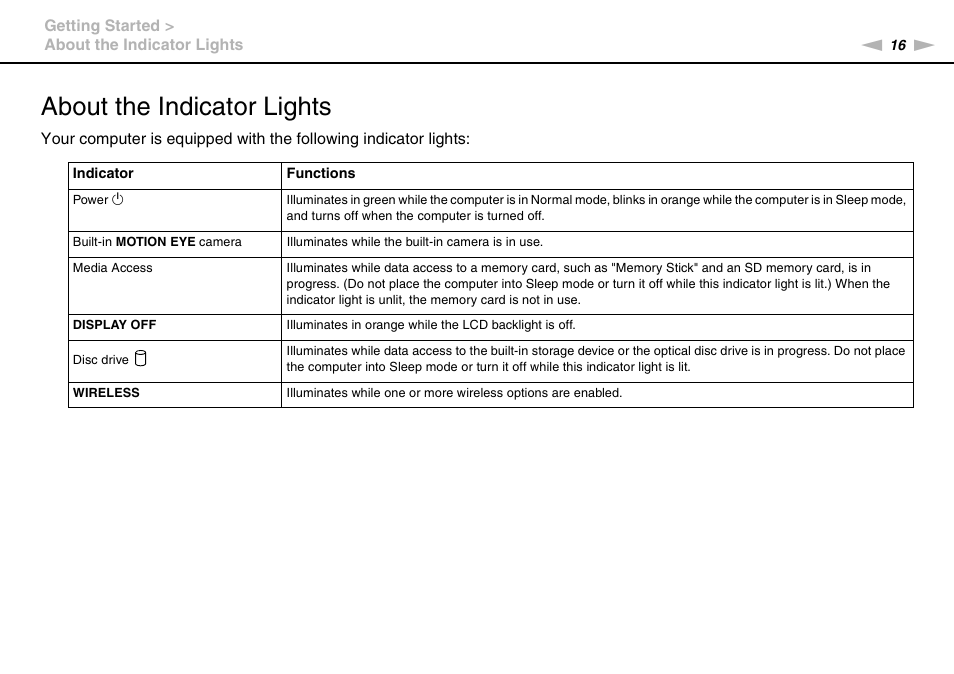 About the indicator lights | Sony VAIO VPCJ11 User Manual | Page 16 / 152