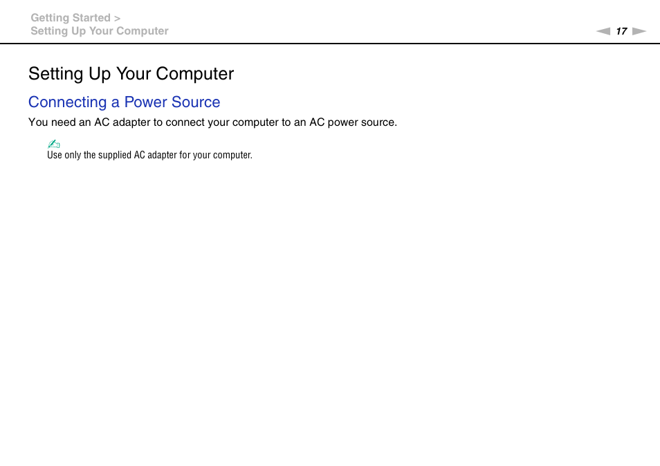 Setting up your computer, Connecting a power source | Sony VAIO VPCJ11 User Manual | Page 17 / 152