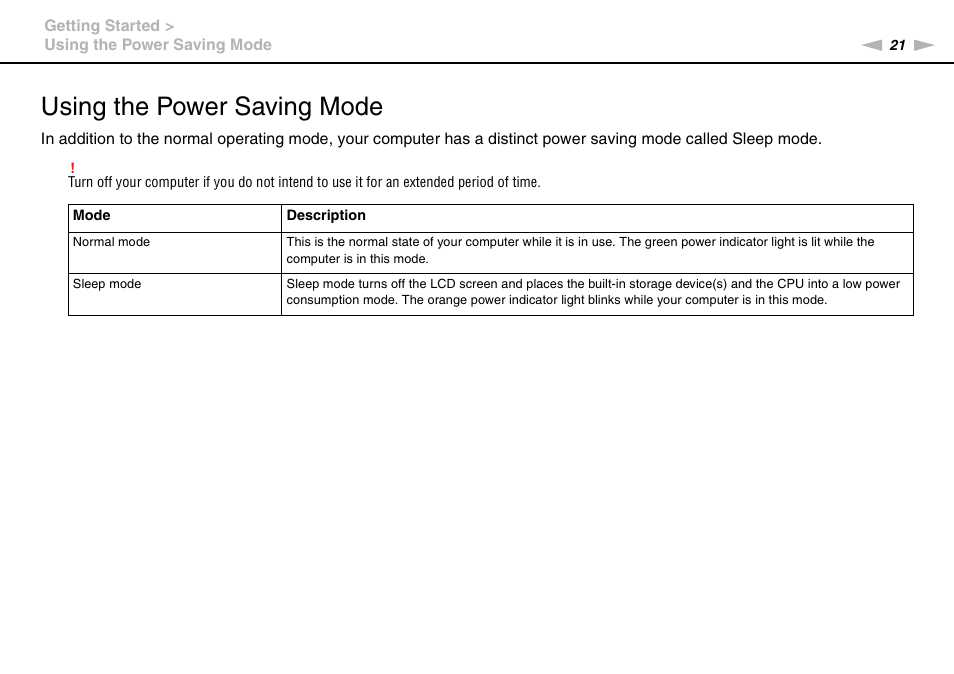 Using the power saving mode | Sony VAIO VPCJ11 User Manual | Page 21 / 152