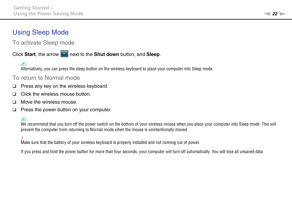 Using sleep mode | Sony VAIO VPCJ11 User Manual | Page 22 / 152