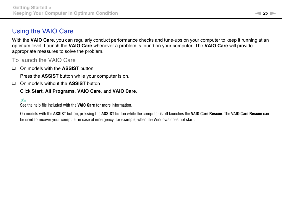 Using the vaio care | Sony VAIO VPCJ11 User Manual | Page 25 / 152