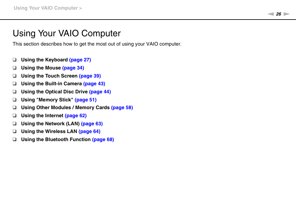 Using your vaio computer | Sony VAIO VPCJ11 User Manual | Page 26 / 152