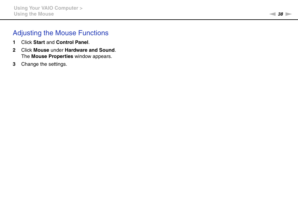 Adjusting the mouse functions | Sony VAIO VPCJ11 User Manual | Page 38 / 152