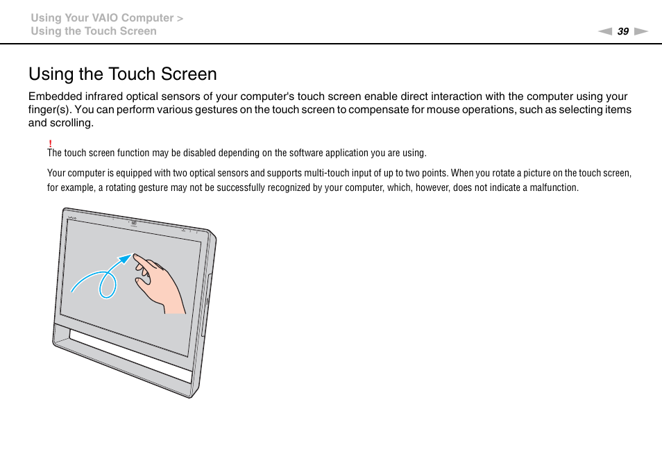 Using the touch screen | Sony VAIO VPCJ11 User Manual | Page 39 / 152