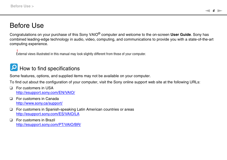 Before use, How to find specifications | Sony VAIO VPCJ11 User Manual | Page 4 / 152