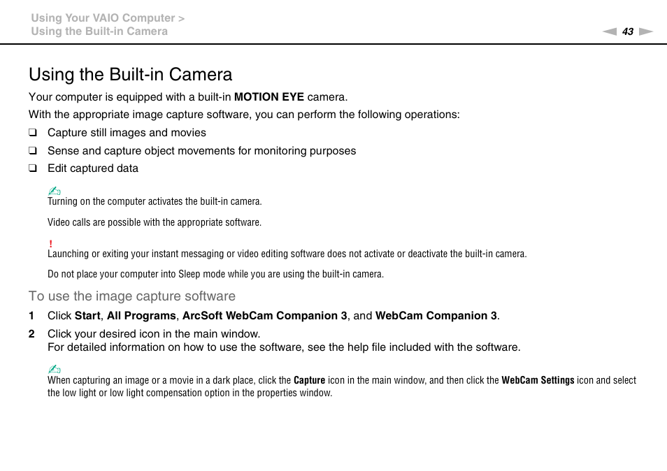 Using the built-in camera | Sony VAIO VPCJ11 User Manual | Page 43 / 152