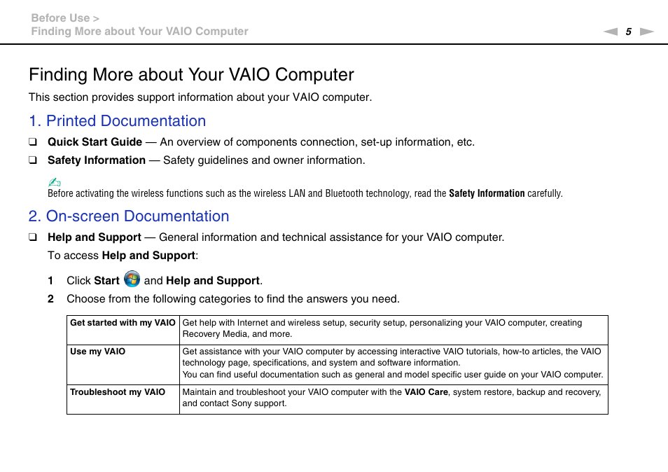 Finding more about your vaio computer, Printed documentation, On-screen documentation | Sony VAIO VPCJ11 User Manual | Page 5 / 152