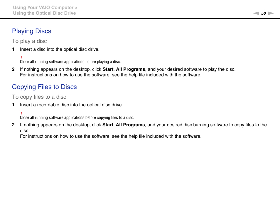 Playing discs, Copying files to discs | Sony VAIO VPCJ11 User Manual | Page 50 / 152