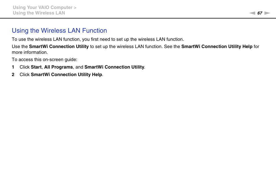 Using the wireless lan function | Sony VAIO VPCJ11 User Manual | Page 67 / 152