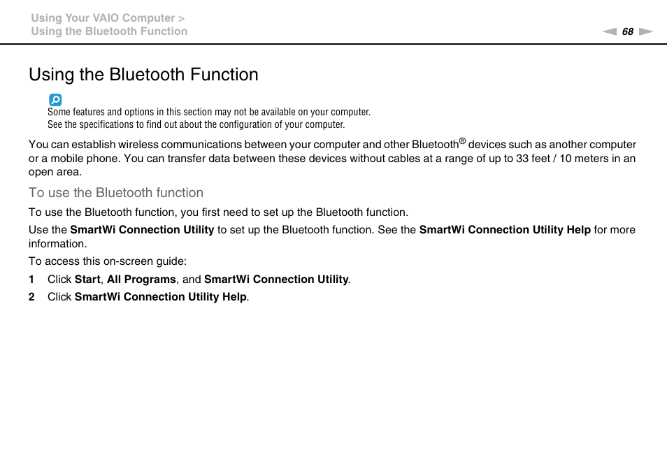 Using the bluetooth function, Tion | Sony VAIO VPCJ11 User Manual | Page 68 / 152