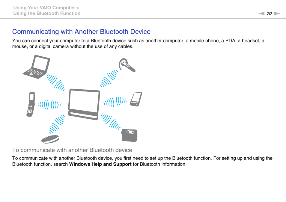 Communicating with another bluetooth device | Sony VAIO VPCJ11 User Manual | Page 70 / 152