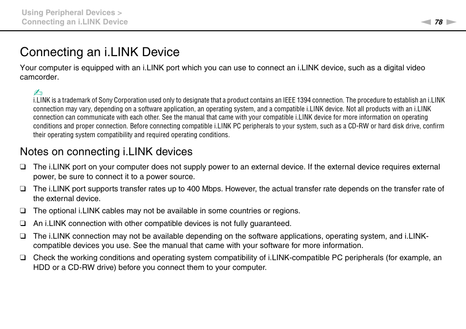 Connecting an i.link device | Sony VAIO VPCJ11 User Manual | Page 78 / 152