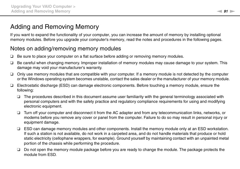 Adding and removing memory | Sony VAIO VPCJ11 User Manual | Page 91 / 152