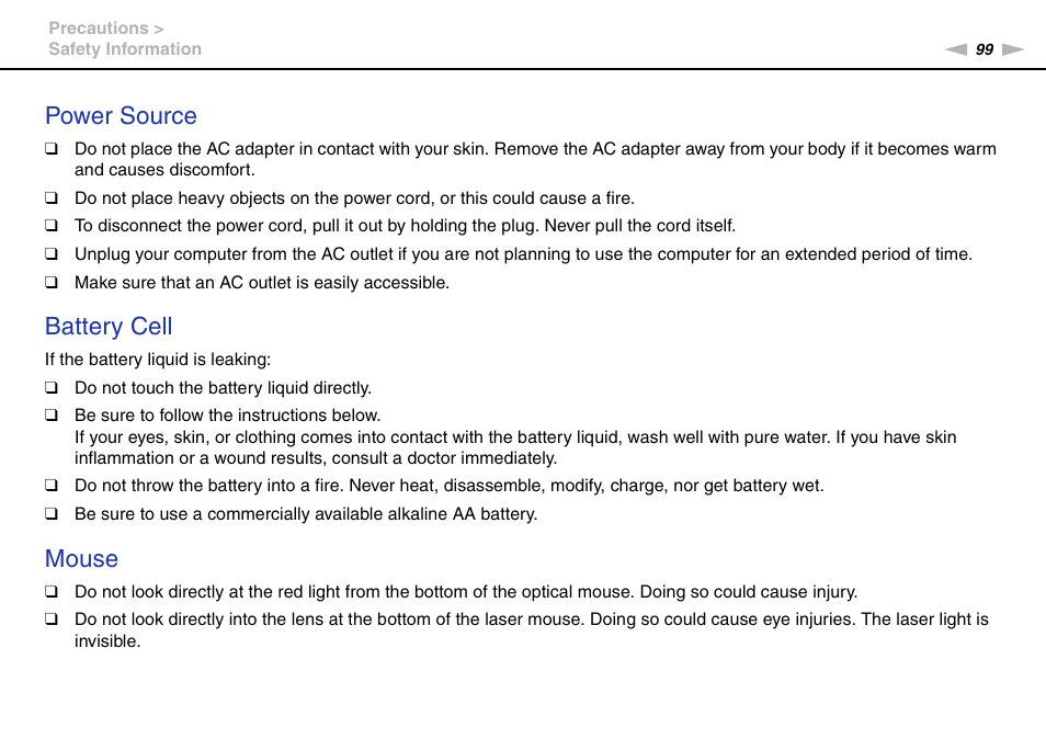 Power source, Battery cell, Mouse | Sony VAIO VPCJ11 User Manual | Page 99 / 152