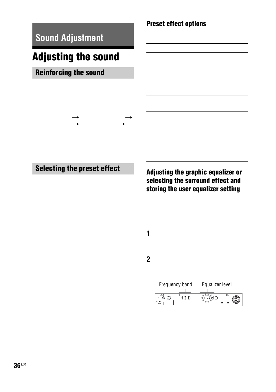 Sound adjustment, Adjusting the sound, Reinforcing the sound selecting the preset effect | Sony LBT-ZUX9 User Manual | Page 36 / 64