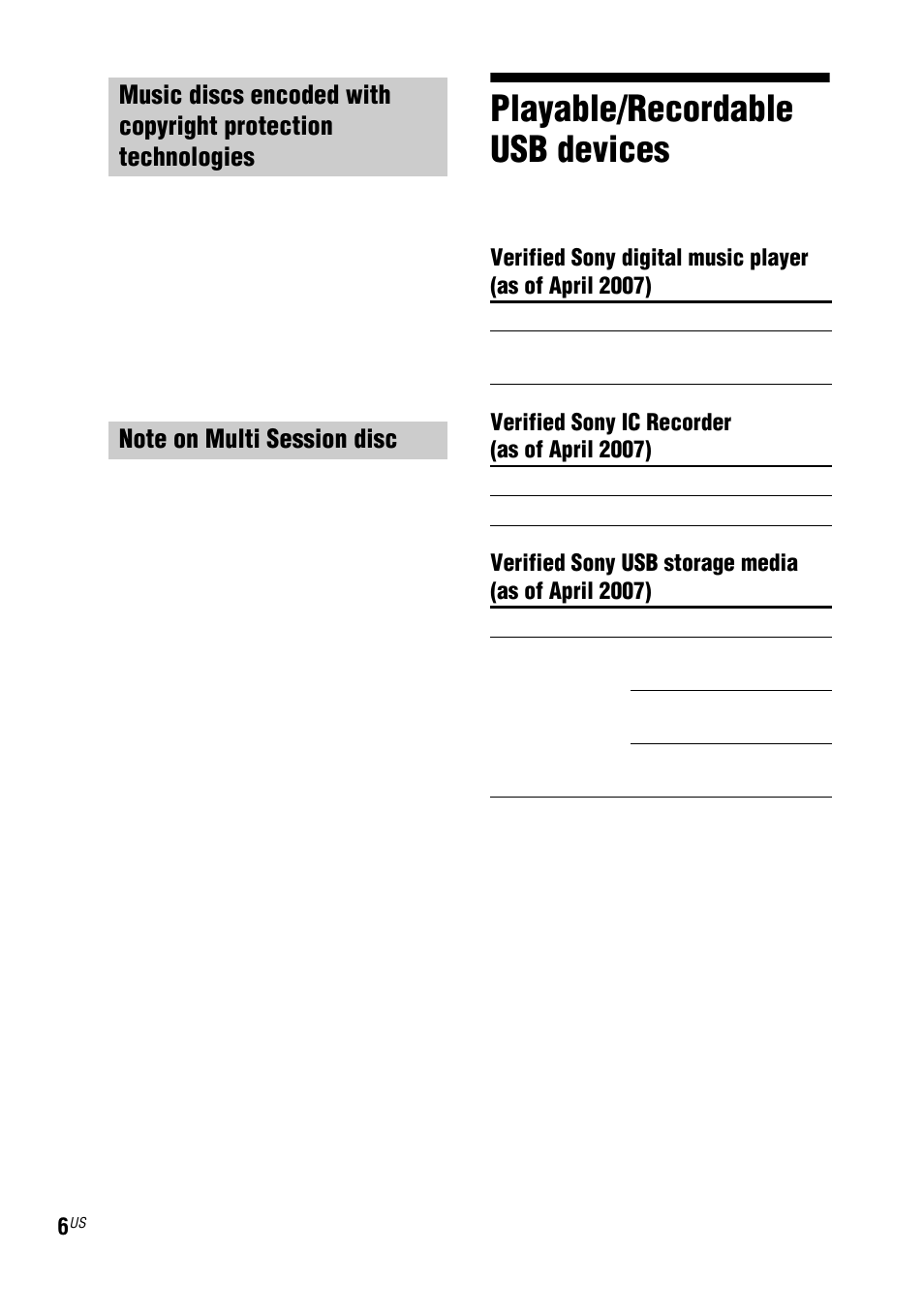 Playable/recordable usb devices, Playable/recordable usb, Devices | Sony LBT-ZUX9 User Manual | Page 6 / 64