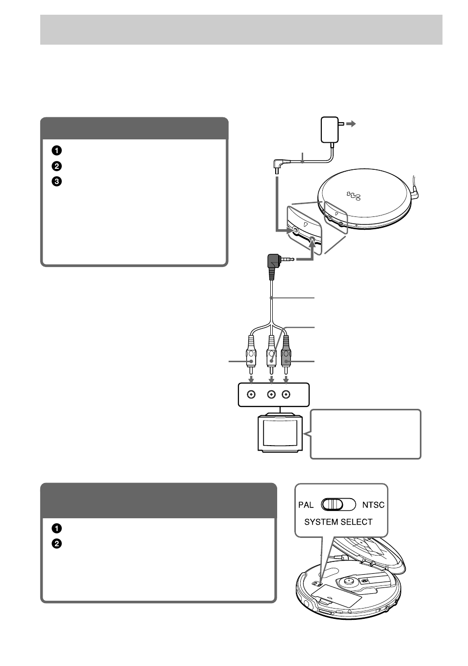 Playing a video cd, Connect your player, 1 . connect your player | 2 . set the ntsc/pal switch to the color, System of your tv | Sony D-VE45 User Manual | Page 8 / 40