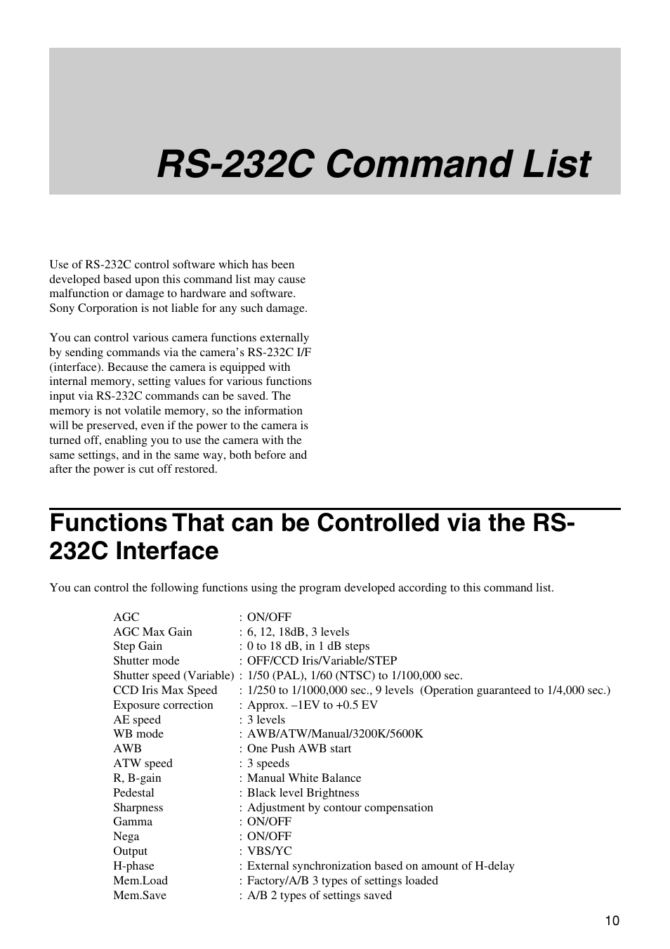 Rs-232c command list | Sony XC-555 User Manual | Page 10 / 28