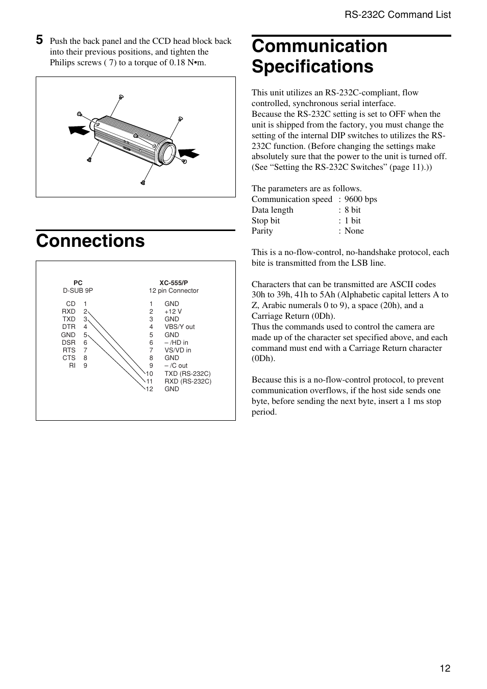 Connections communication specifications | Sony XC-555 User Manual | Page 12 / 28