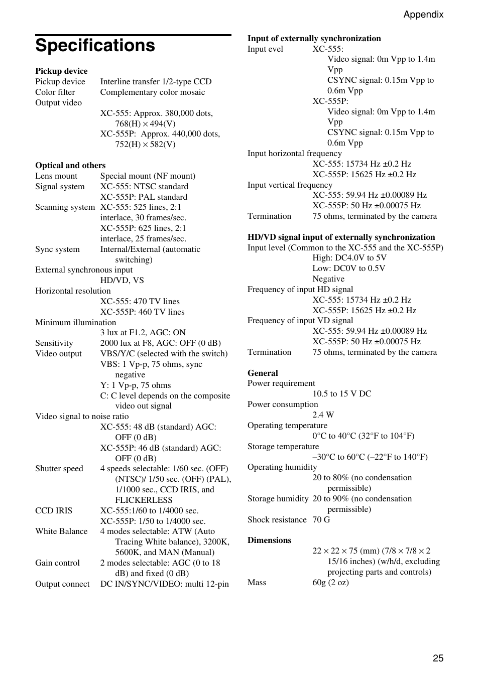 Specifications | Sony XC-555 User Manual | Page 25 / 28