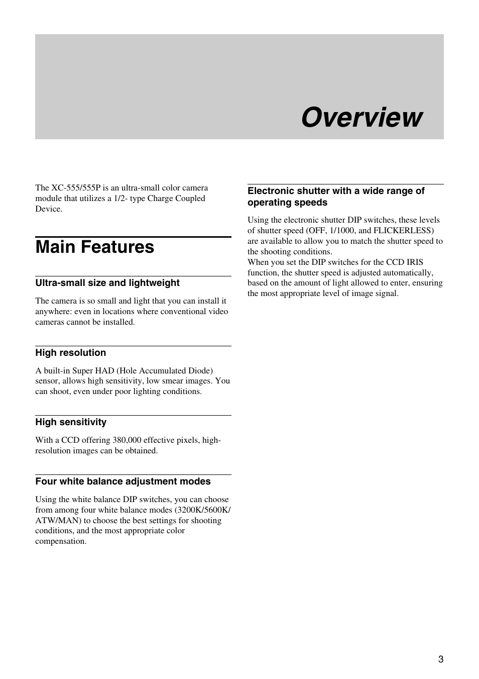 Overview, Main features | Sony XC-555 User Manual | Page 3 / 28