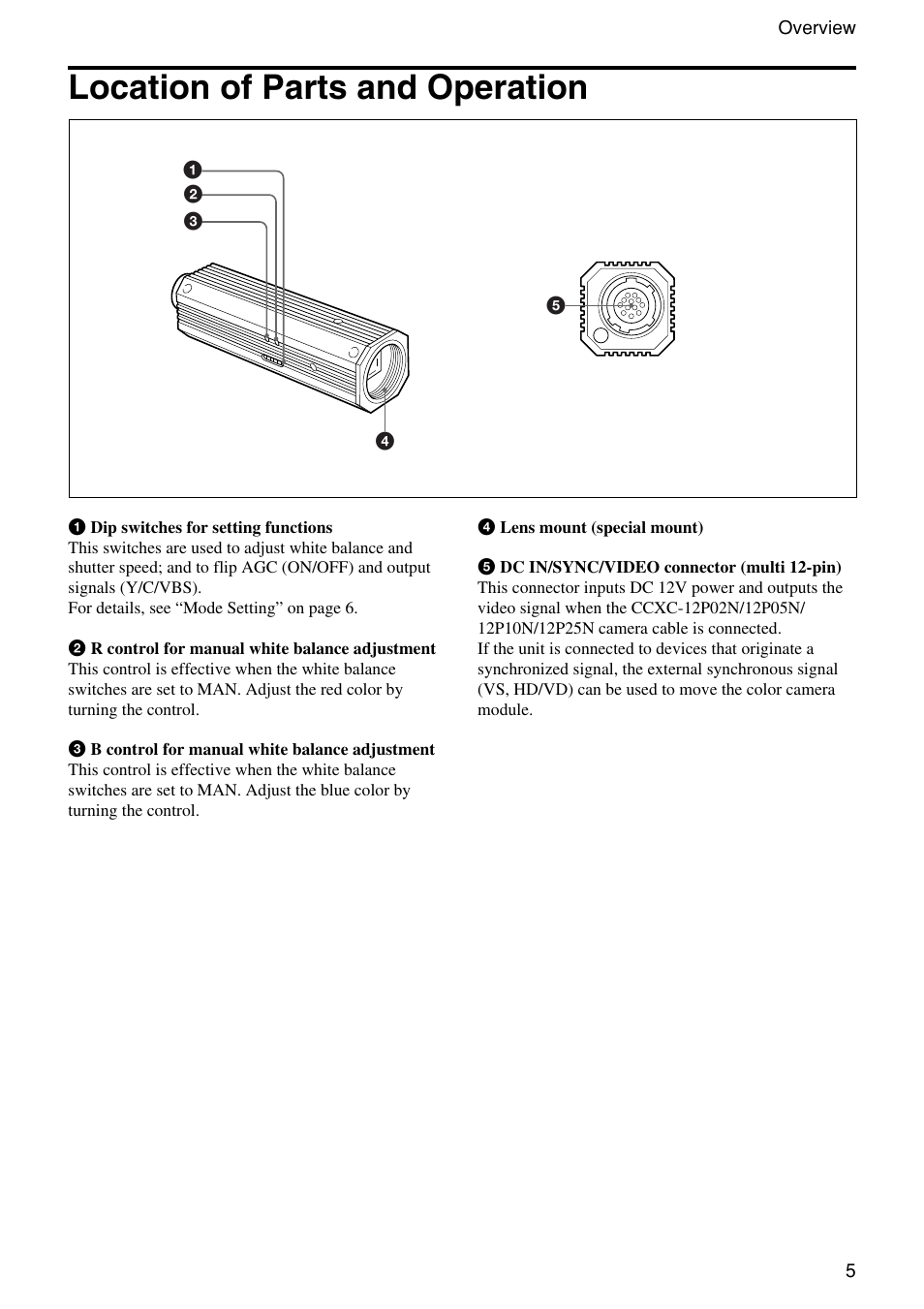 Location of parts and operation | Sony XC-555 User Manual | Page 5 / 28