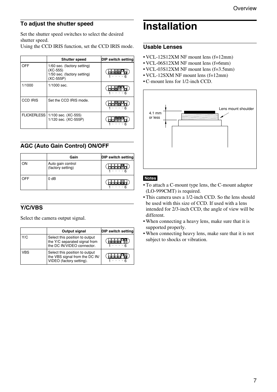 Installation, 7overview, Usable lenses | Agc (auto gain control) on/off, Y/c/vbs | Sony XC-555 User Manual | Page 7 / 28