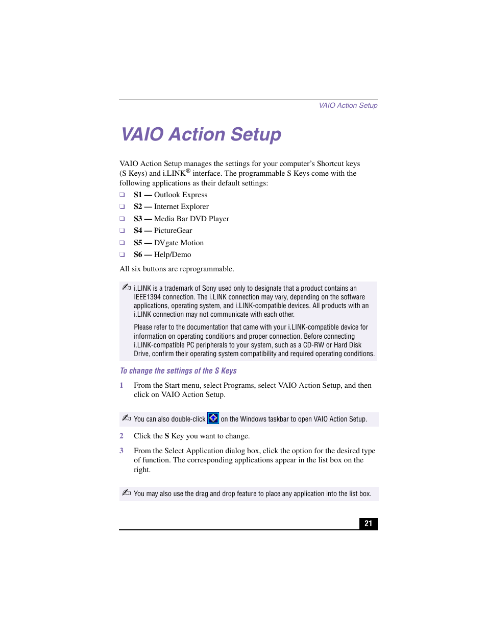 Vaio action setup | Sony PCV-RX460 User Manual | Page 19 / 98