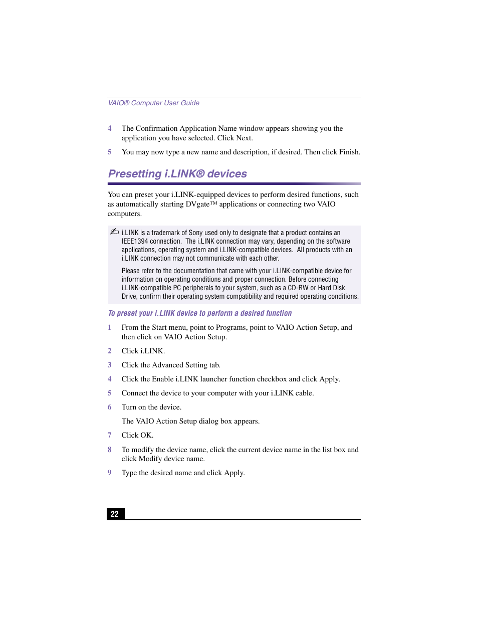 Presetting i.link® devices | Sony PCV-RX460 User Manual | Page 20 / 98