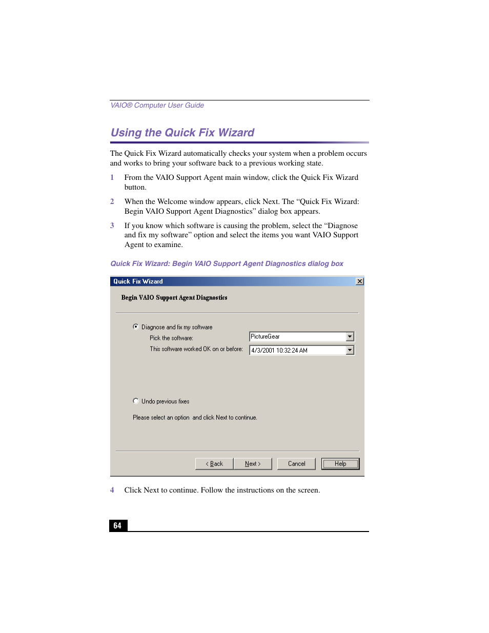 Using the quick fix wizard | Sony PCV-RX460 User Manual | Page 62 / 98