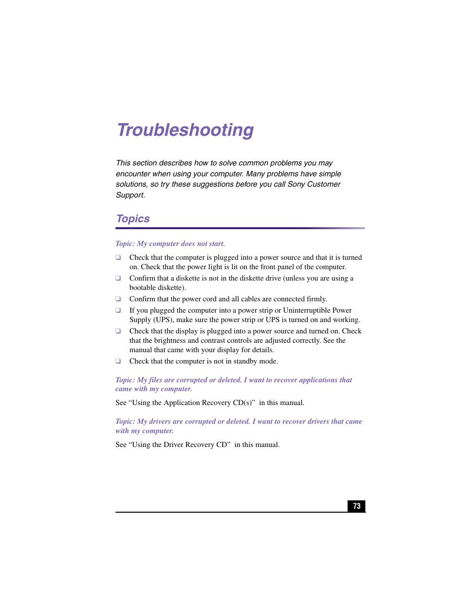 Troubleshooting, Topics | Sony PCV-RX460 User Manual | Page 71 / 98