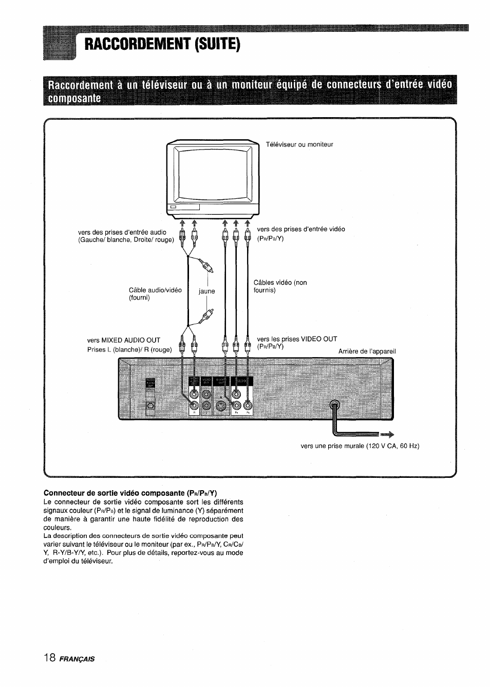 Connecteur de sortie vidéo composante (pr/pb/y), De connecteurs d’entrée vidéo composante, Raccordement (suite) | Sony XD-DV300 User Manual | Page 114 / 148
