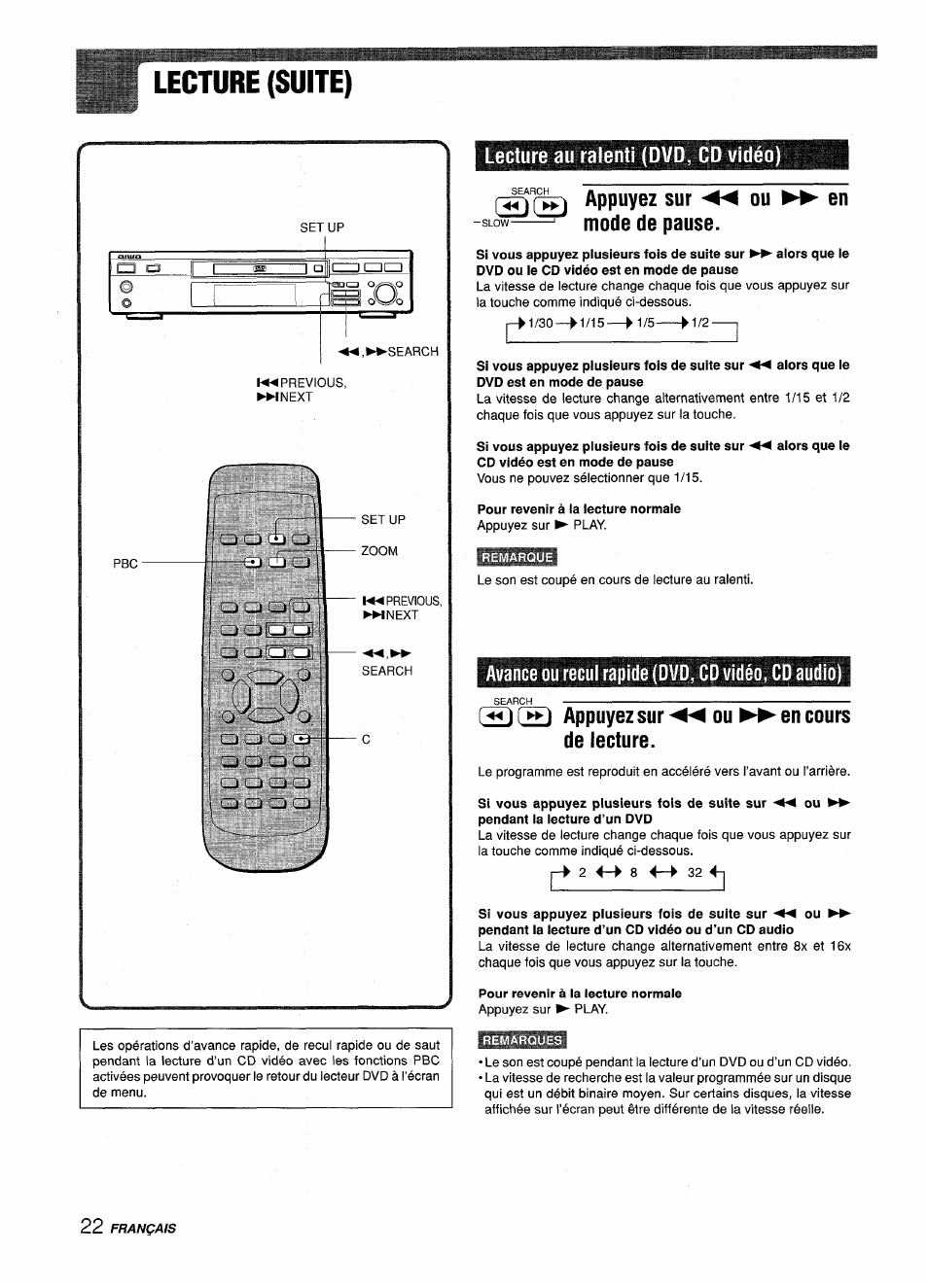 Lecture (suite), Lecture au ralenti (dvd, cd vidéo), Appuyez sur mode de pause | Avance ou recul rapide (dvd, cd vidéo, cd audio), Appuyez sur de lecture, En cours, Appuyez sur mode de pause. ou en, Appuyez sur de lecture. ou en cours | Sony XD-DV300 User Manual | Page 118 / 148