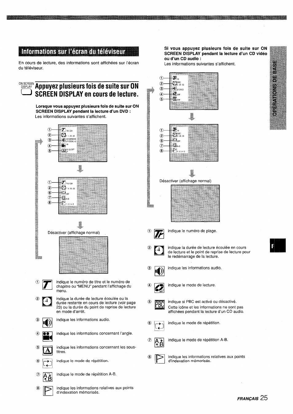 Informations sur l’écran du téléviseur, Appuyez plusieurs fois de suite sur on, Q screen display en cours de lecture | Sony XD-DV300 User Manual | Page 121 / 148