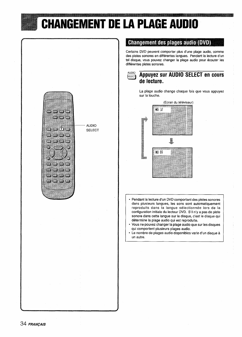 Changement de la plage audio, Changement des plages audio (dvd), Q appuyez sur audio select en cours de lecture | Sony XD-DV300 User Manual | Page 130 / 148
