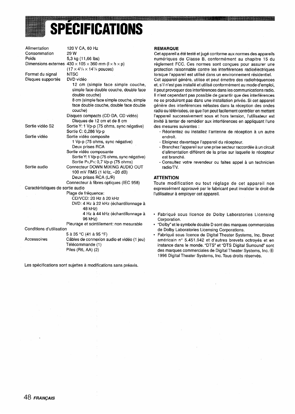 Specificanons, Spécifications | Sony XD-DV300 User Manual | Page 144 / 148