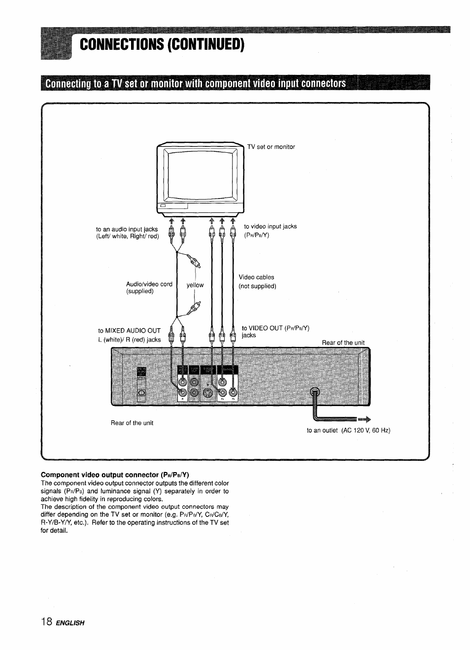 Component video output connector (pr/pb/y), Connections (continued) | Sony XD-DV300 User Manual | Page 18 / 148