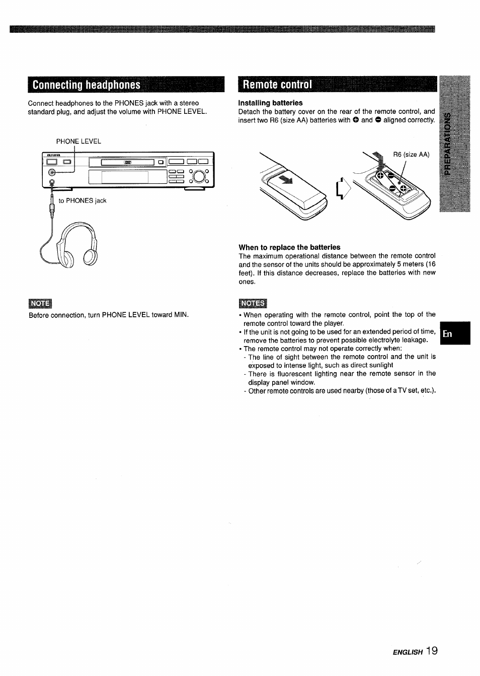 Installing batteries, When to replace the batteries, Connecting headphones remote control | Sony XD-DV300 User Manual | Page 19 / 148