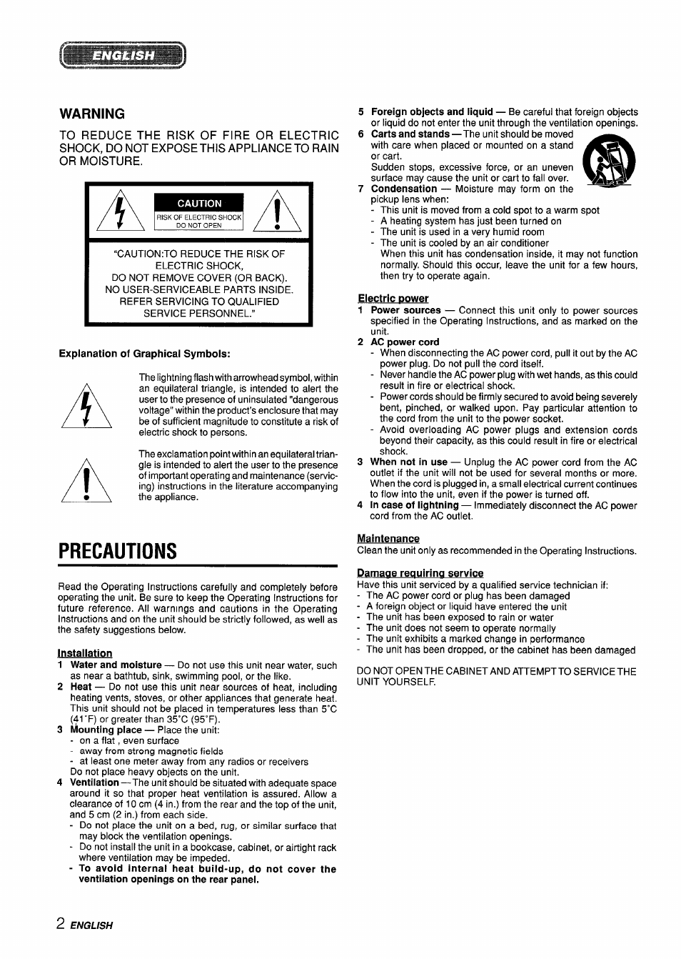 Explanation of graphical symbols, Electric power, 2 ac power cord | Installation, Maintenance, Precautions, Warning | Sony XD-DV300 User Manual | Page 2 / 148