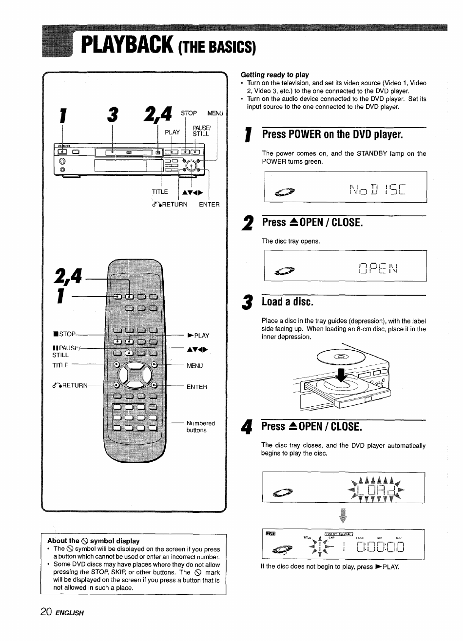 Playback (the basics), I press power on the dvd player, Press a open/close | Playback, The basics), Mi ry digitai | Sony XD-DV300 User Manual | Page 20 / 148