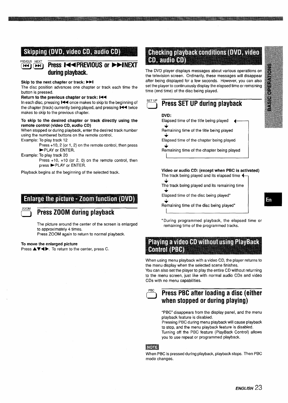 Skipping (dvd, video cd, audio cd), Press ¡◄◄previous or ►mnext during piayback, Enlarge the picture - zoom function (dvd) | Q press zoom during playback, Rn pfess set up during playback, Playback, Skipping(dvd, video cd, audio cd) | Sony XD-DV300 User Manual | Page 23 / 148