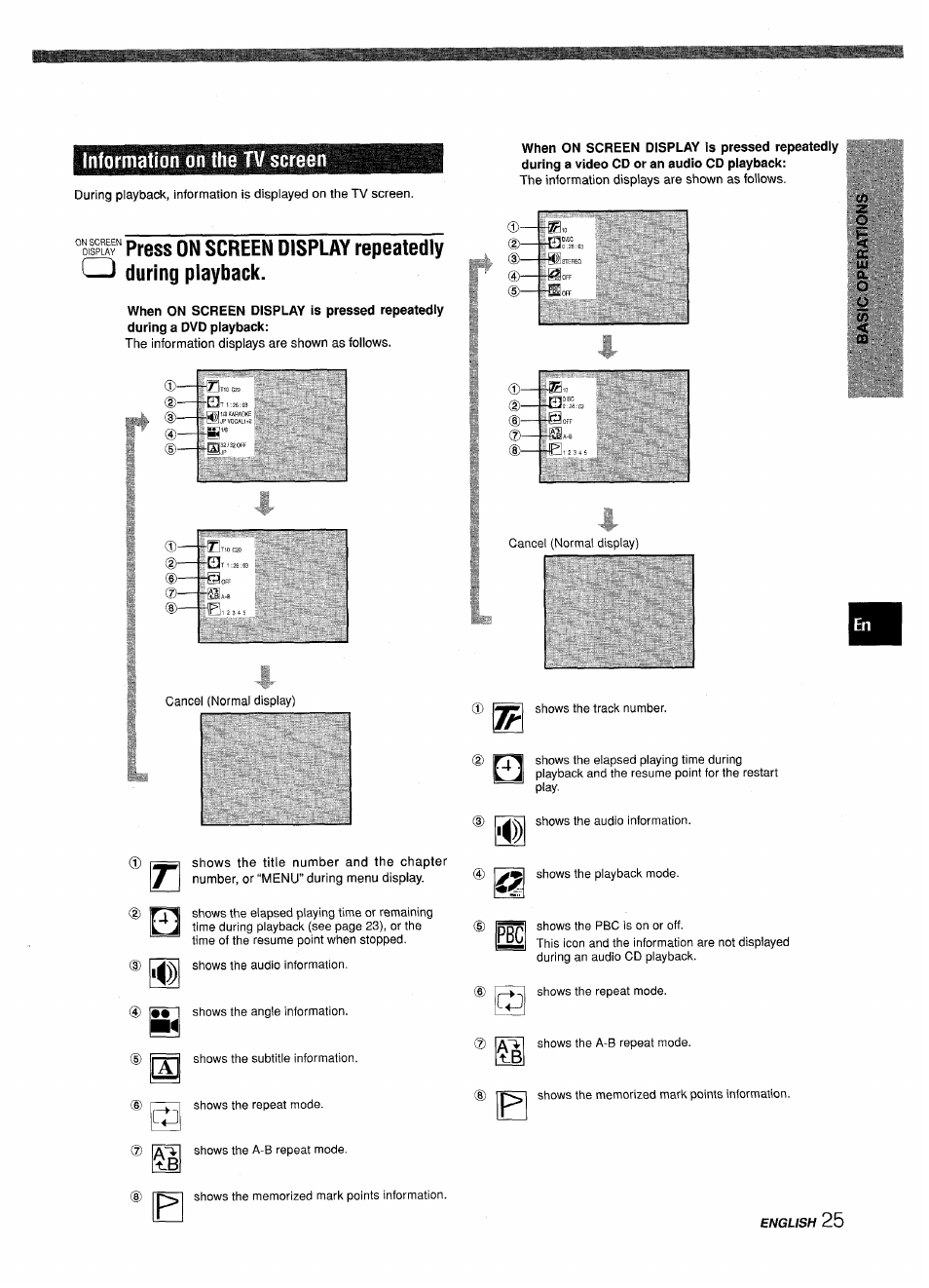 Information on the tv screen | Sony XD-DV300 User Manual | Page 25 / 148