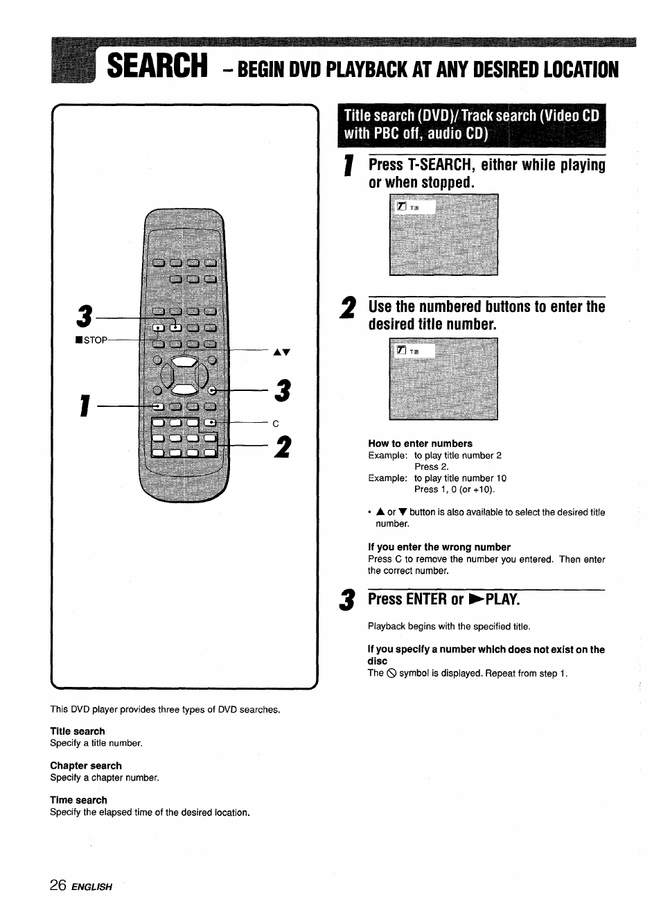 Arch - begin dvd playback at any desired location, Title search, Chapter search | Time search, How to enter numbers, If you enter the wrong number, J press enter or ►play, Chapter search (dvd), Arch, Begin dvd playback at any desired location | Sony XD-DV300 User Manual | Page 26 / 148