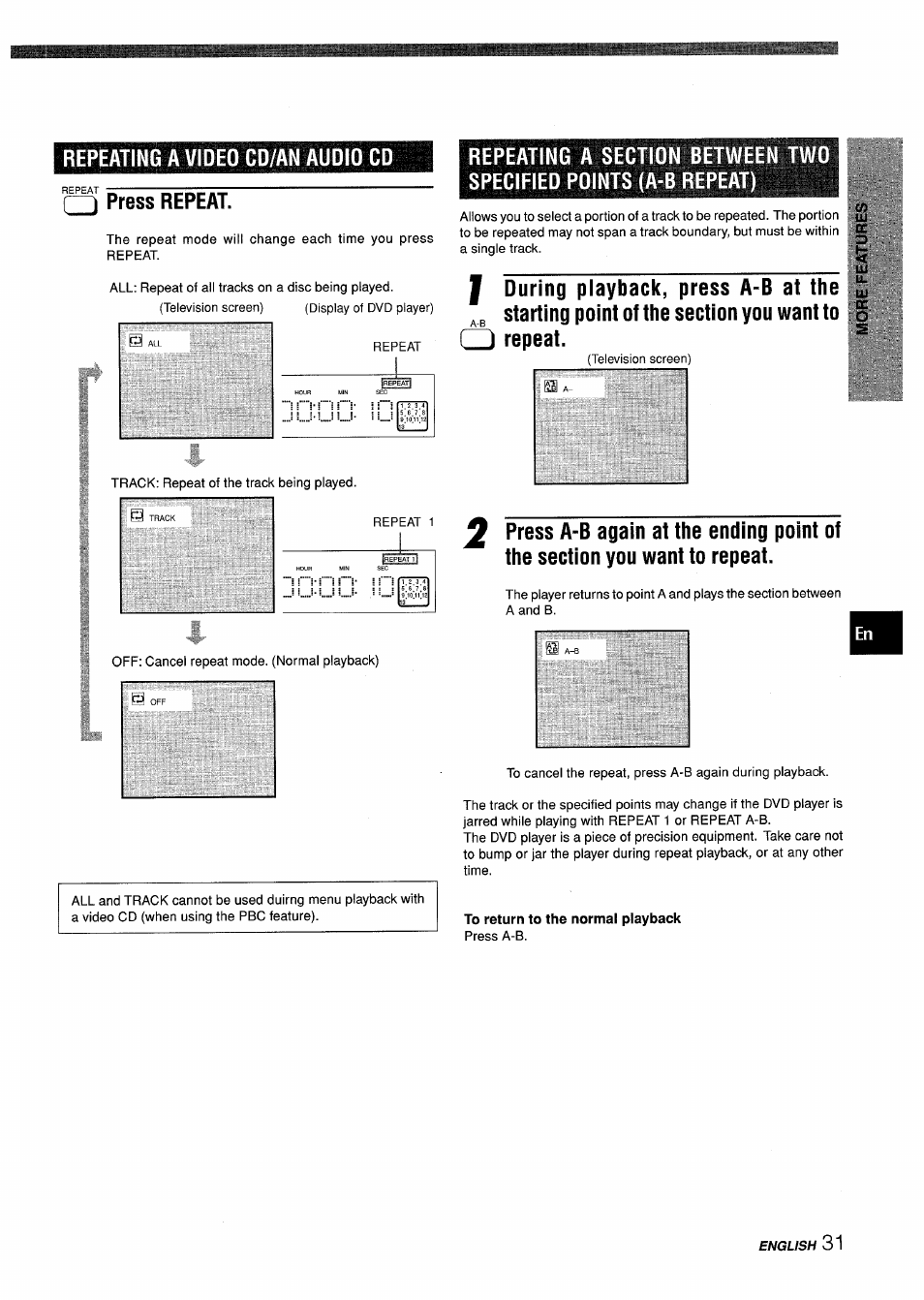 Repeating a video cd/an audio cd, Q press repeat, To return to the normal playback | B repeat) | Sony XD-DV300 User Manual | Page 31 / 148